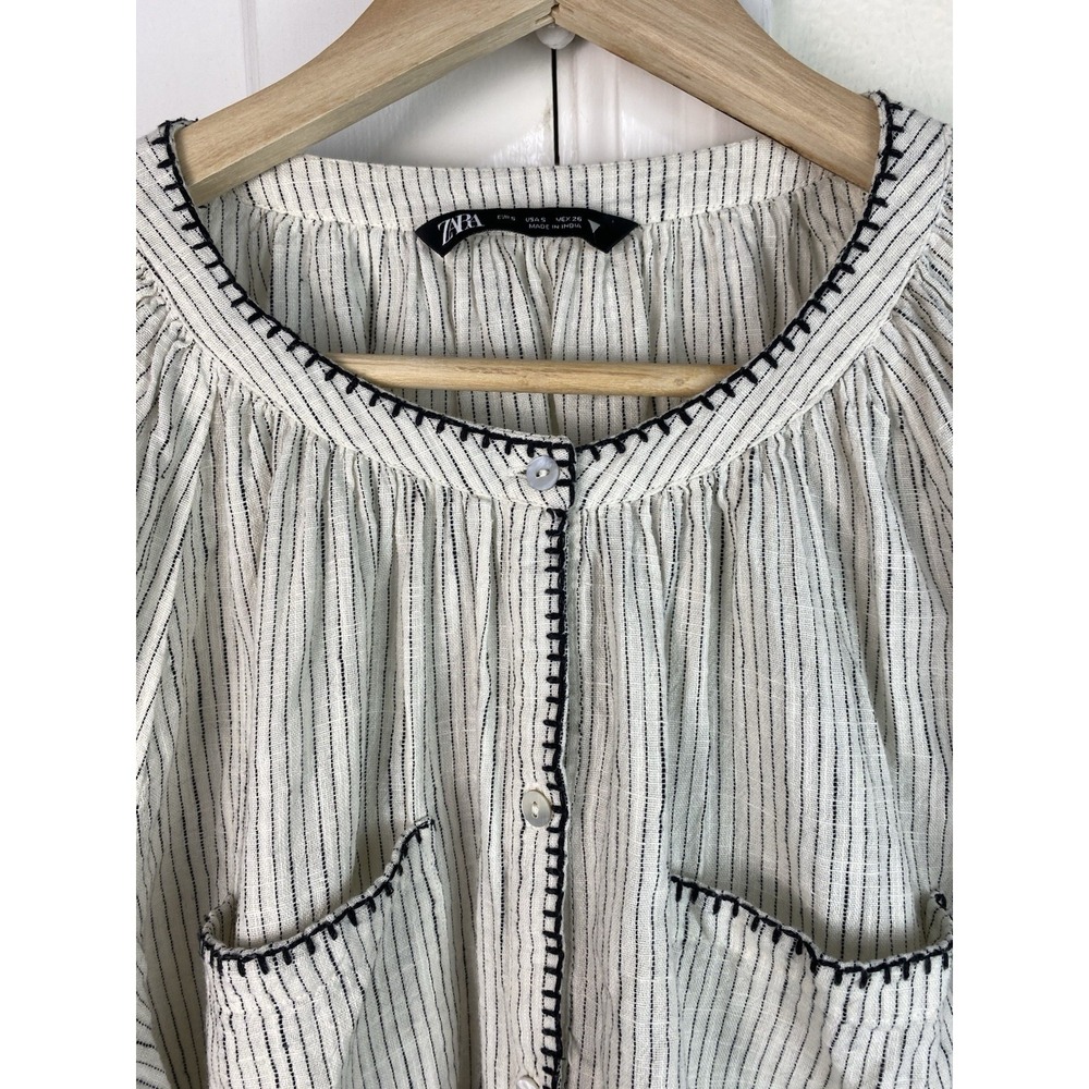 Zara Women S Creamy White Black Striped Embroidered Puff Sleeve Button Up Blouse - Picture 2 of 8
